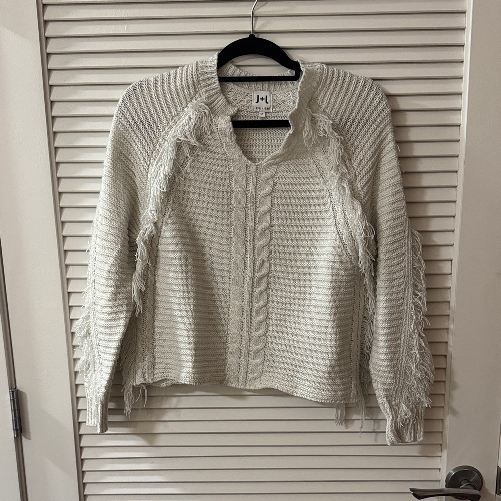 John + Jenn Cream V-Neck Sweater with Fringe
